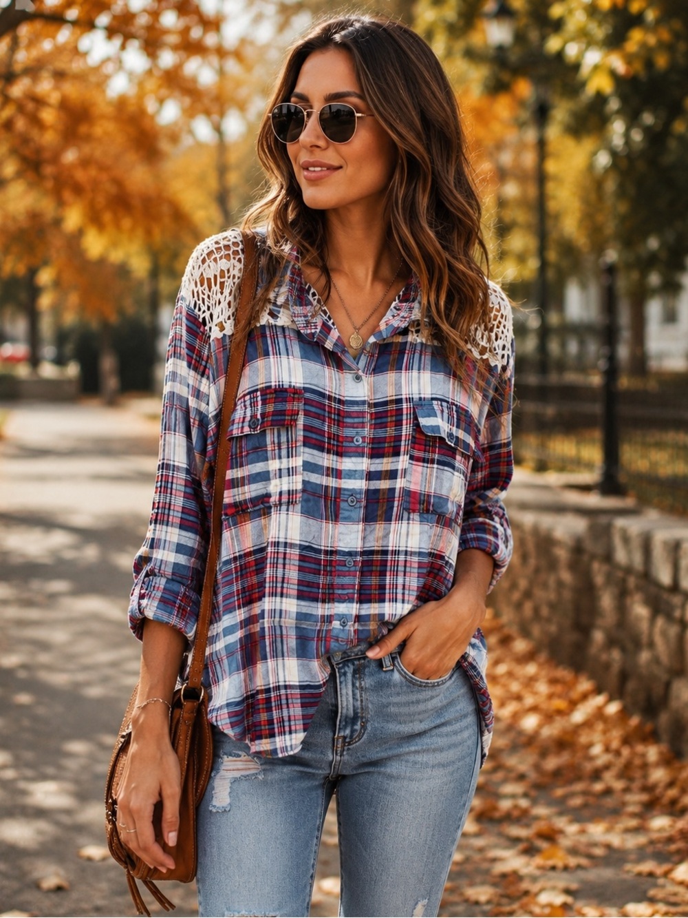 97C. Women's Plaid Button-Up Shirt with Crochet Yoke - Multi Blue/Pink